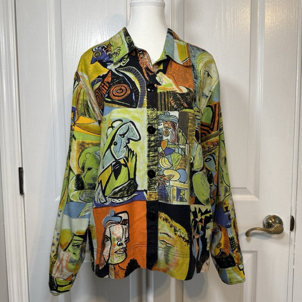 Kaktus S Abstract Face Art Print Linen Blend Button Shirt Boho Picasso Top